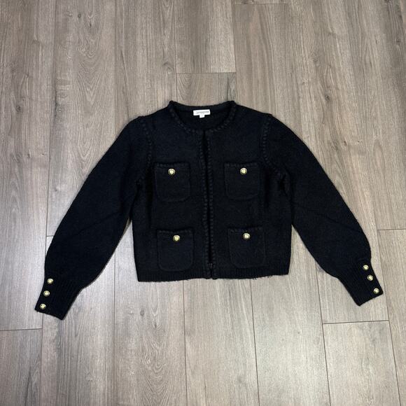 J.Crew Odette Sweater Jacket WMNS S Black Wool-Alpaca Crochet Trim Gold Button - Picture 3 of 7